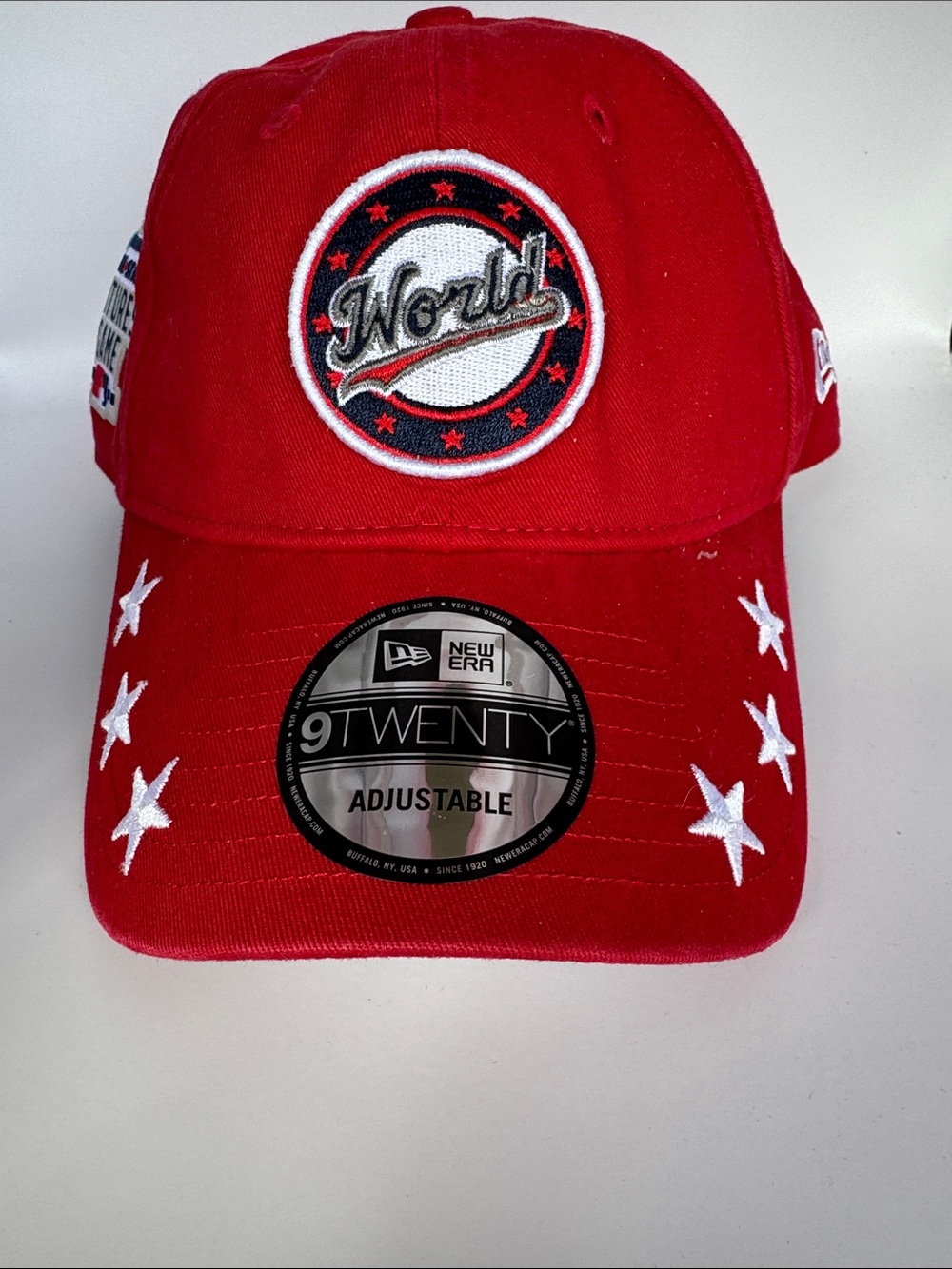 New Era MLB Futures Game Red Baseball Cap with White Stars & 'World' Patch NWOT